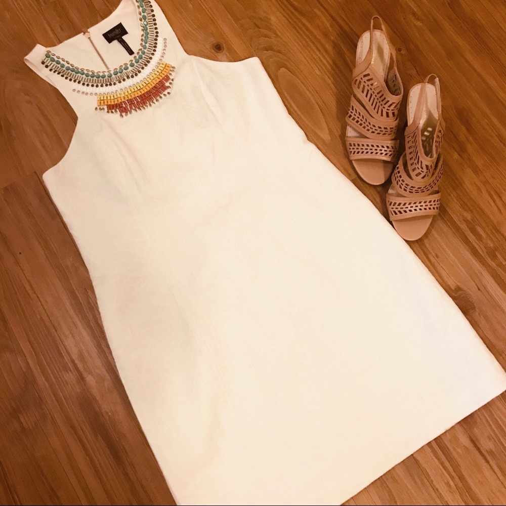 Laundry by Shelli Segal LA Brocade Beaded Cream Sheath Dress Size 12